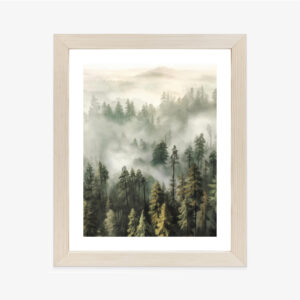 Poster Bergwald Im Nebel-Aquarell Rahmen Holz Mit Passepartout Farbe Natürlich