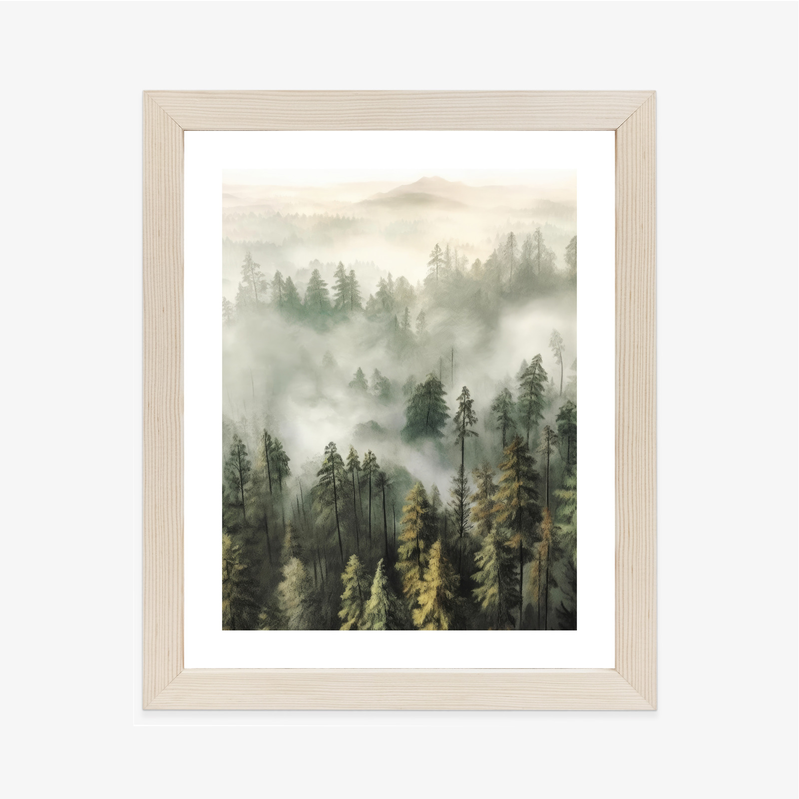 Poster Bergwald Im Nebel-Aquarell Rahmen Holz Mit Passepartout Farbe Natürlich