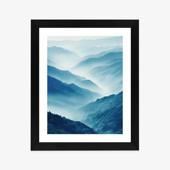 Poster Berglandschaft Mit Wald Im Nebel Rahmen Holz Mit Passepartout Farbe Natürlich – Bild 4