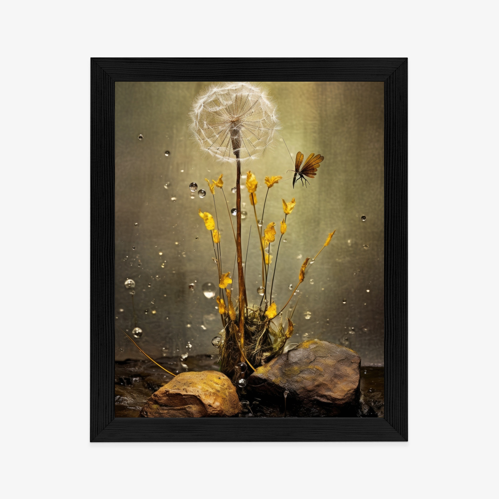 Poster Löwenzahn Und Tautropfen Rahmen Hölzern Farbe Schwarz