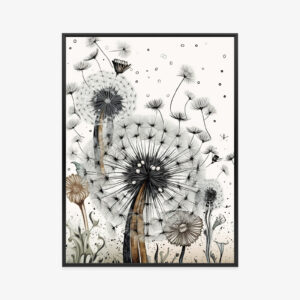 Poster Löwenzahnsamen Fliegen Im Wind Rahmen Aluminium Farbe Schwarz