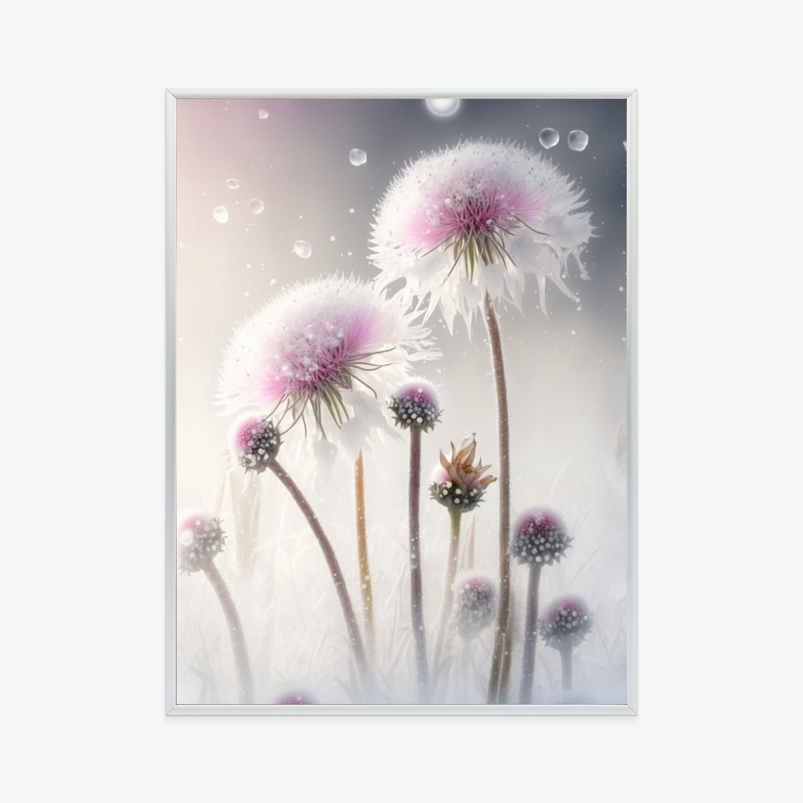 Poster Löwenzahn In Schneeflocken Rahmen Aluminium Farbe Schwarz – Bild 2