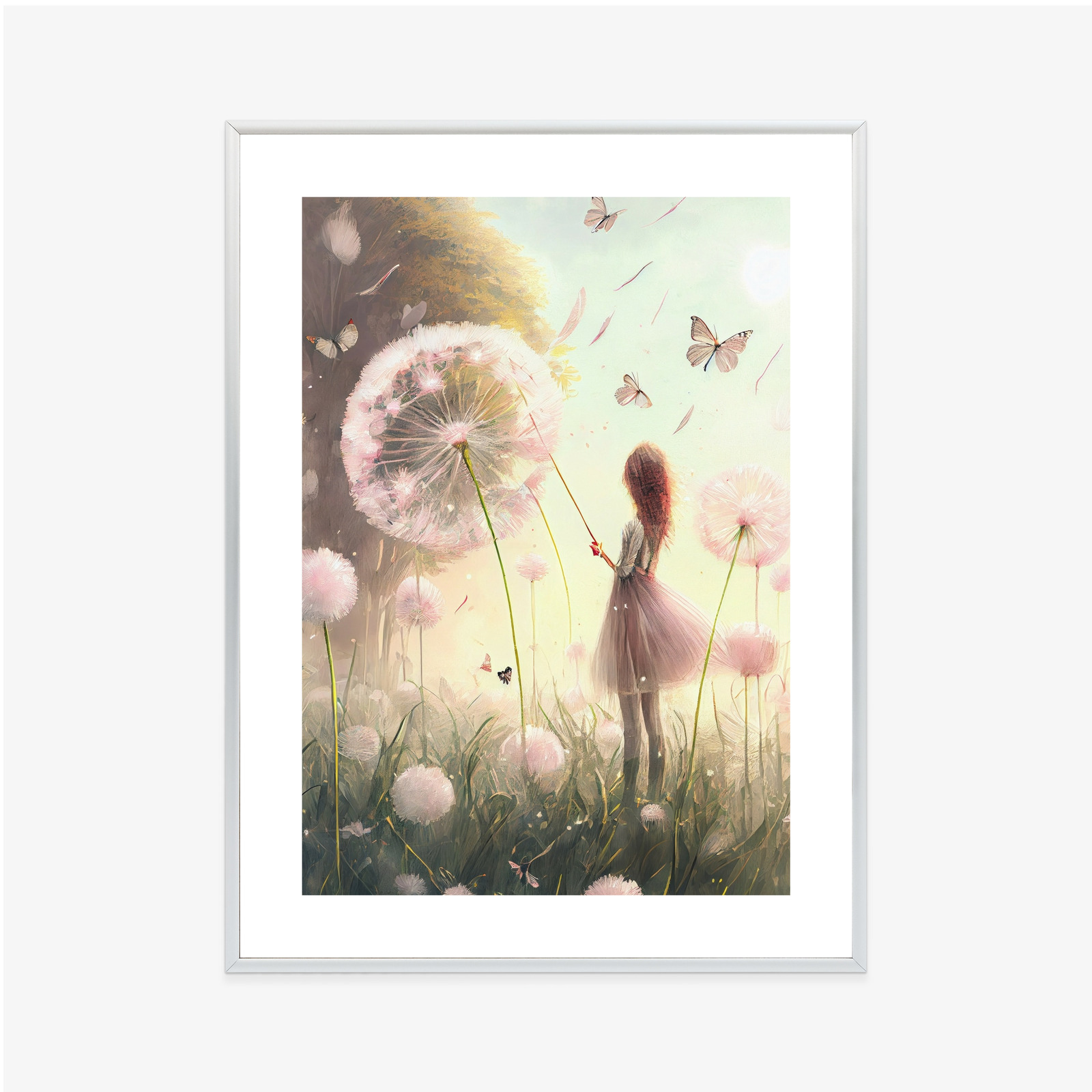 Poster Ein Mädchen Auf Einer Wiese Zwischen Rosa Löwenzahn Rahmen Aluminium Farbe Schwarz – Bild 6