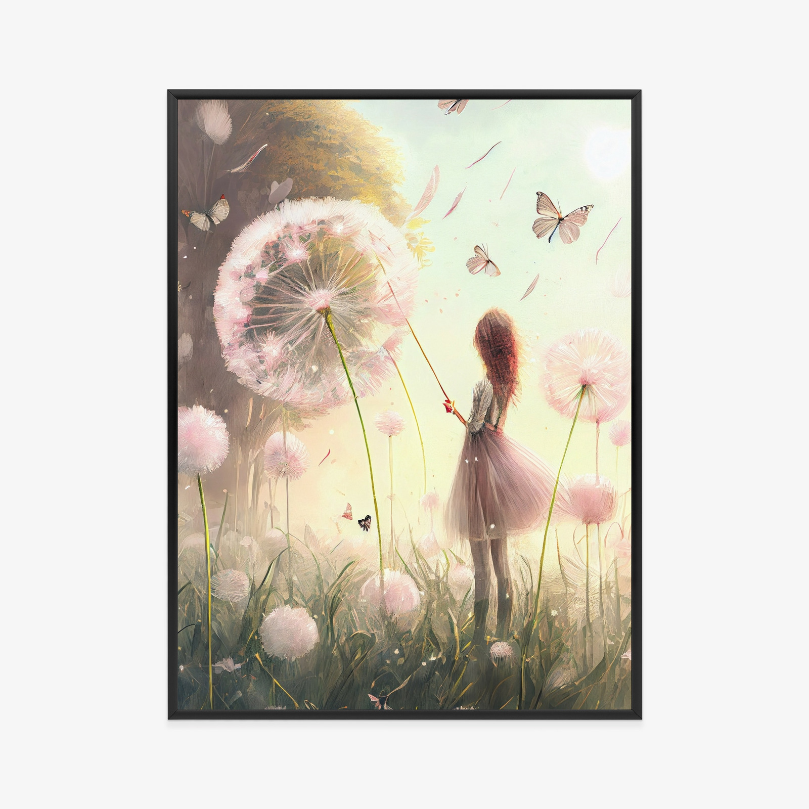 Poster Ein Mädchen Auf Einer Wiese Zwischen Rosa Löwenzahn Rahmen Aluminium Farbe Schwarz