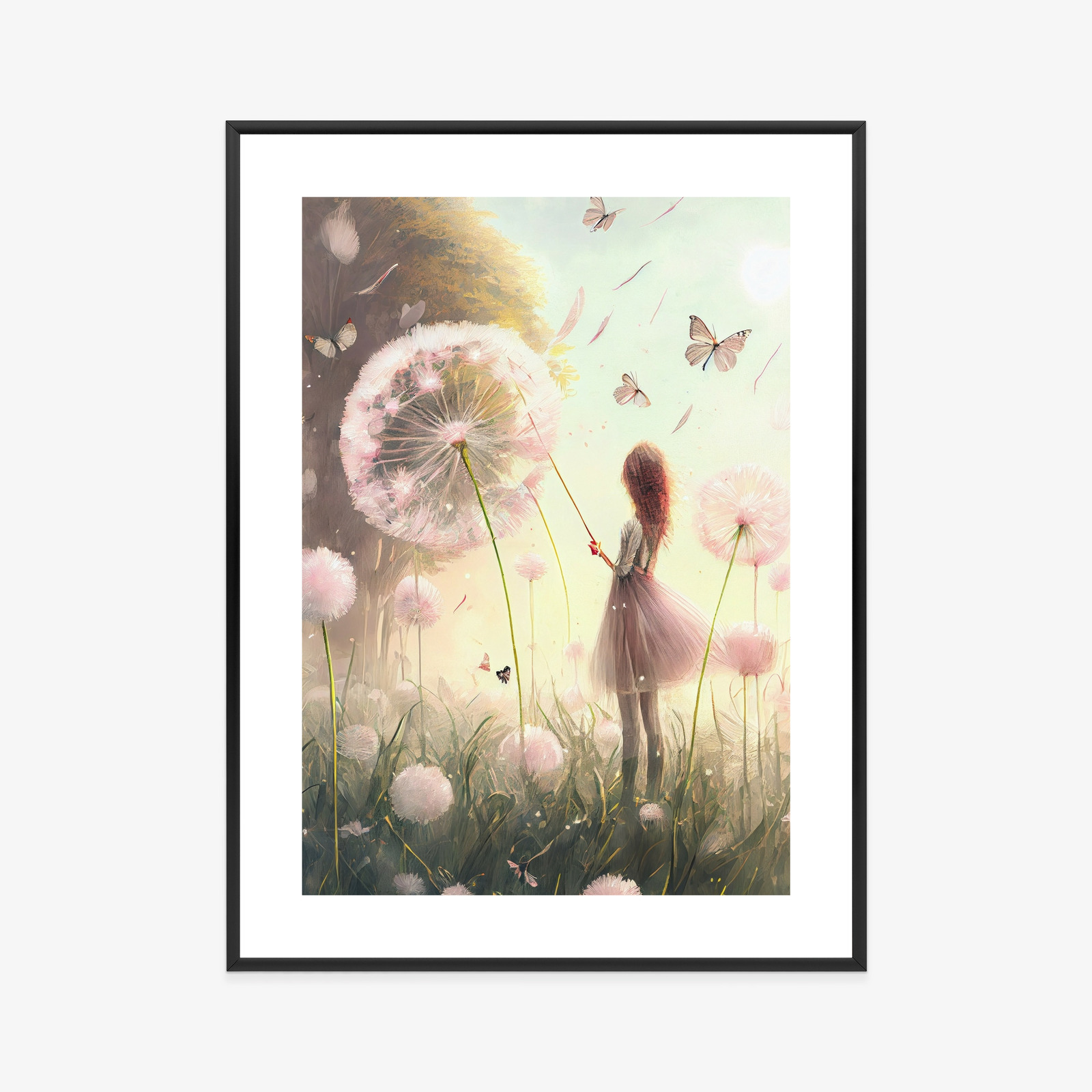 Poster Ein Mädchen Auf Einer Wiese Zwischen Rosa Löwenzahn Rahmen Aluminium Farbe Schwarz – Bild 5