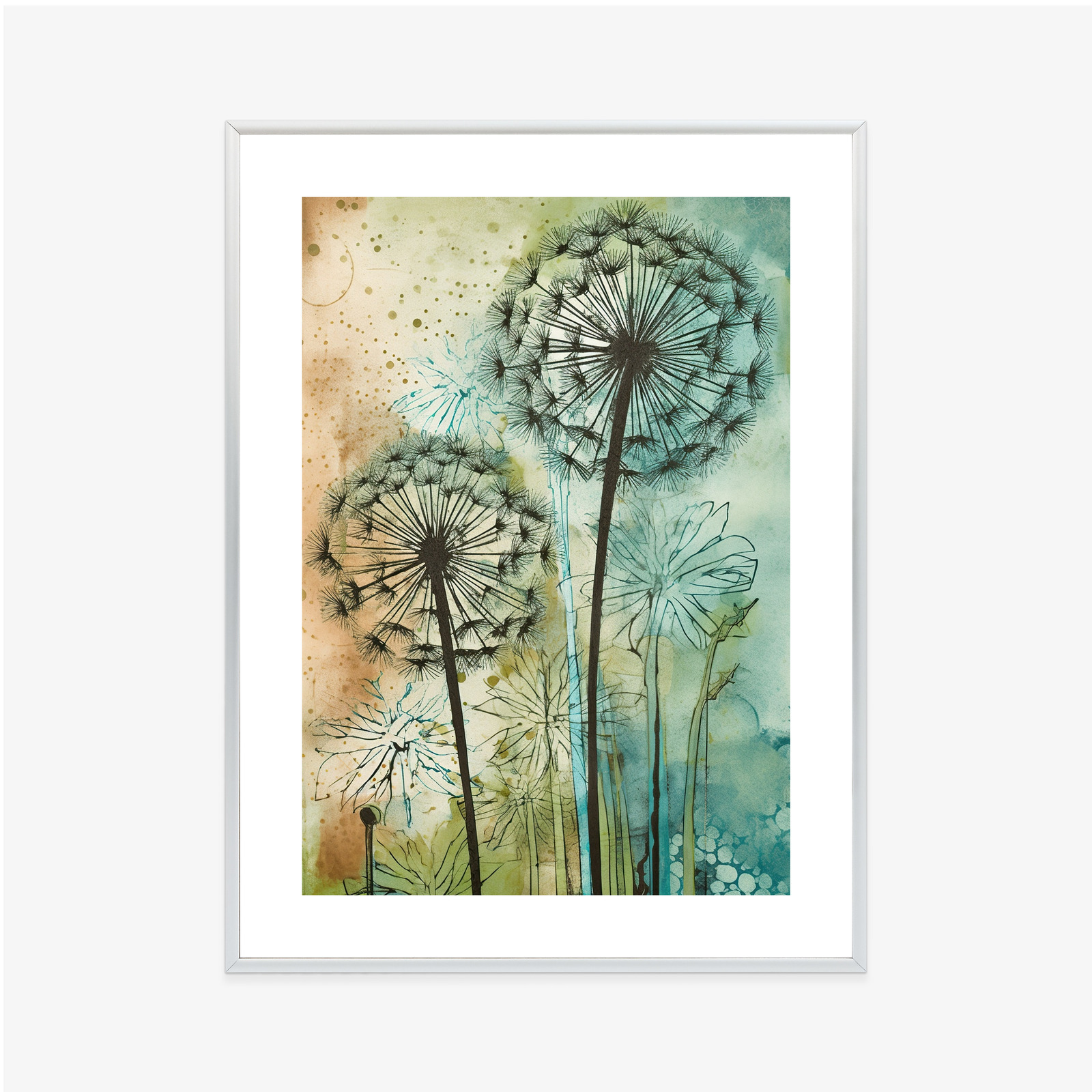 Poster Abstrakter Löwenzahn Auf Einem Aquarellhintergrund Rahmen Aluminium Farbe Schwarz – Bild 6