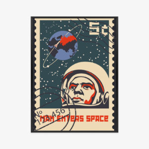 Poster Klassische Briefmarke Mit Astronaut Und Erde Rahmen Aluminium Farbe Schwarz