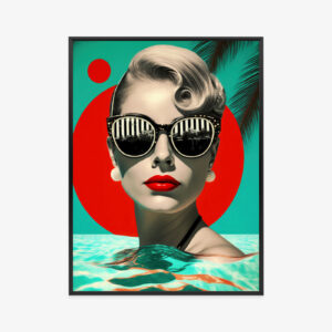 Poster Sommerstimmung - Frau Mit Roten Lippen Und Trendiger Sonnenbrille. Rahmen Aluminium Farbe Schwarz