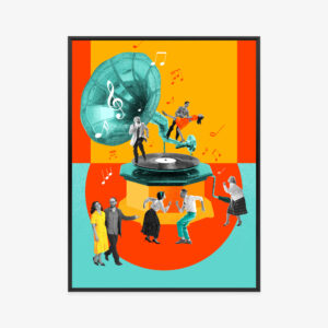 Poster Group Of People Attending Party, Dancing, Enjoying Leisure Time. Contemporary Art Collage. Retro Style.concept Of Music, Lifestyle, Art Of Sound, Performance. Creative Bright Design Rahmen Aluminium Farbe Schwarz