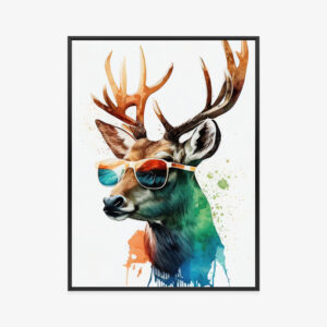 Poster Waldlichtungsstil – Hirsch Mit Sonnenbrille Rahmen Aluminium Farbe Schwarz