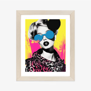 Poster Pop Collage Of A Beautiful Female Fashion Model With Sunglasses Over Scolorful And Vibrant Patterns And Shapes, Fashion, Pop Art, Generative Ai Rahmen Holz Mit Passepartout Farbe Natürlich
