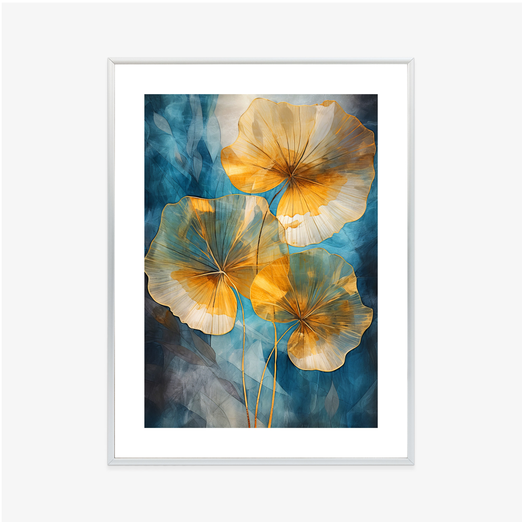 Poster Abstrakte Goldene Blätter Auf Blauem Hintergrund Rahmen Holz Mit Passepartout Farbe Natürlich – Bild 8