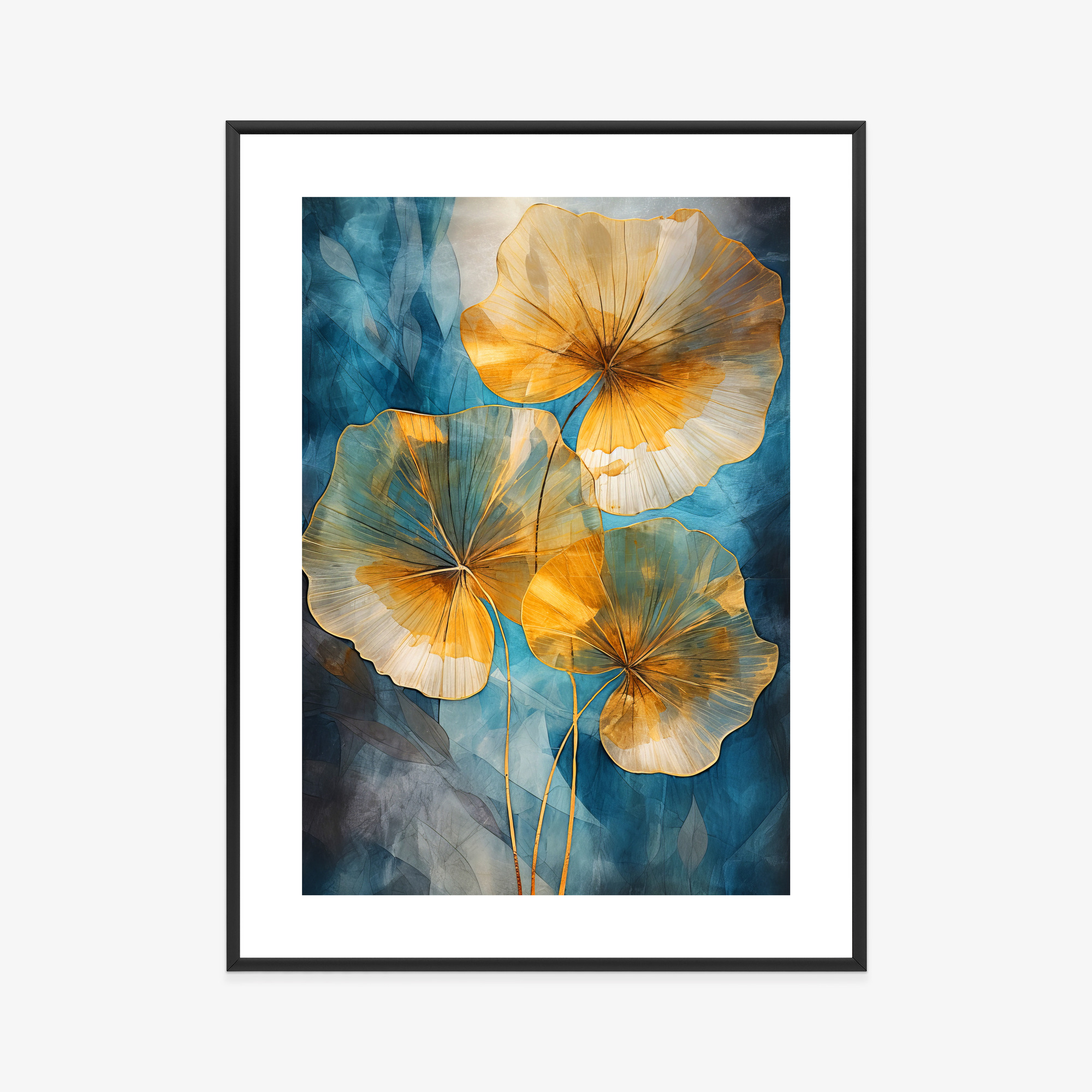 Poster Abstrakte Goldene Blätter Auf Blauem Hintergrund Rahmen Holz Mit Passepartout Farbe Natürlich – Bild 9