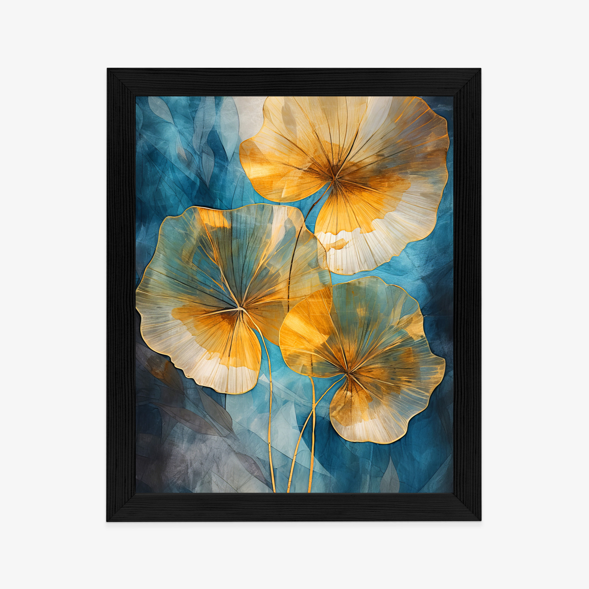 Poster Abstrakte Goldene Blätter Auf Blauem Hintergrund Rahmen Holz Mit Passepartout Farbe Natürlich – Bild 6