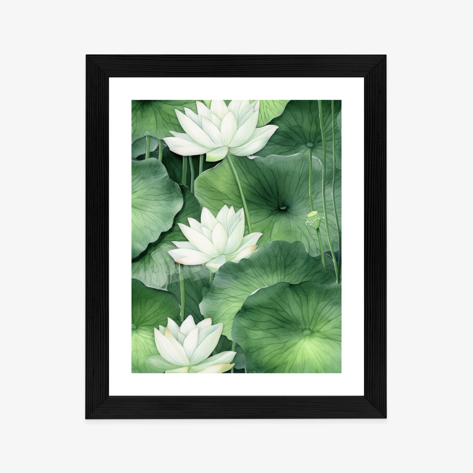 Poster Lotusblume Zwischen Grünen Blättern Rahmen Holz Mit Passepartout Farbe Natürlich – Bild 4