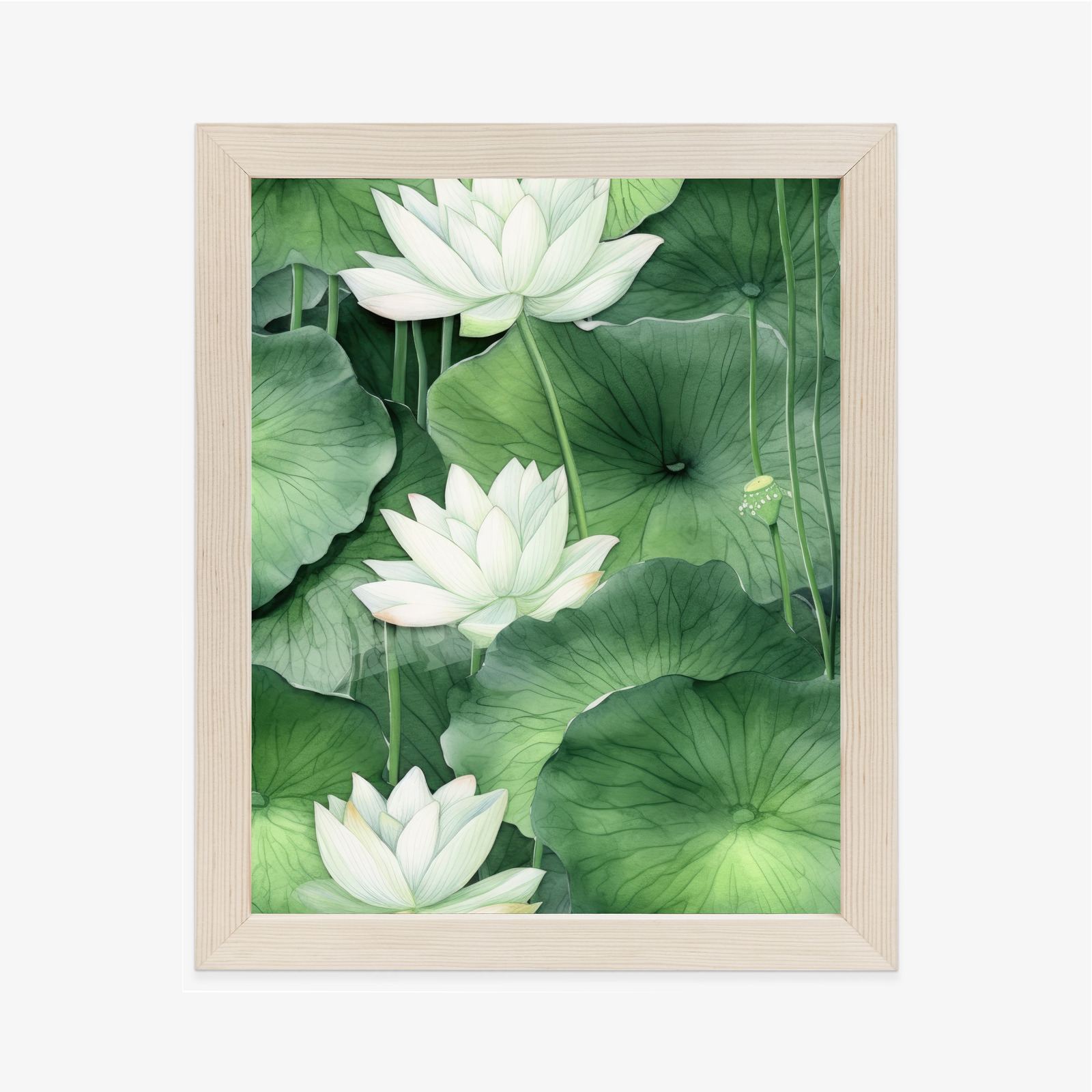 Poster Lotusblume Zwischen Grünen Blättern Rahmen Holz Mit Passepartout Farbe Natürlich – Bild 2