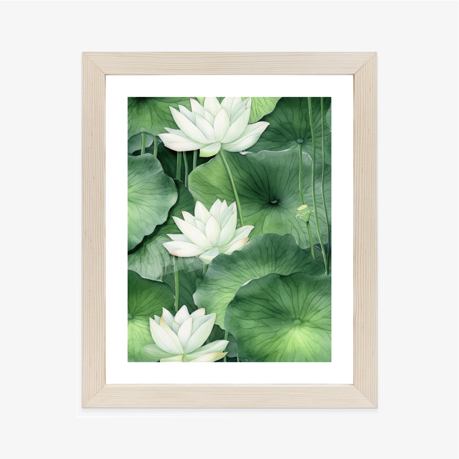 Poster Lotusblume Zwischen Grünen Blättern Rahmen Holz Mit Passepartout Farbe Natürlich