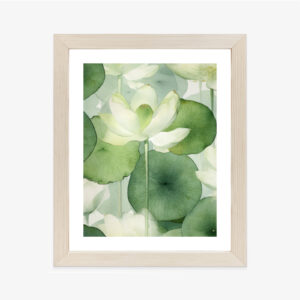 Poster Weiße Lotusblume Und Grüne Blätter Aquarell Rahmen Holz Mit Passepartout Farbe Natürlich