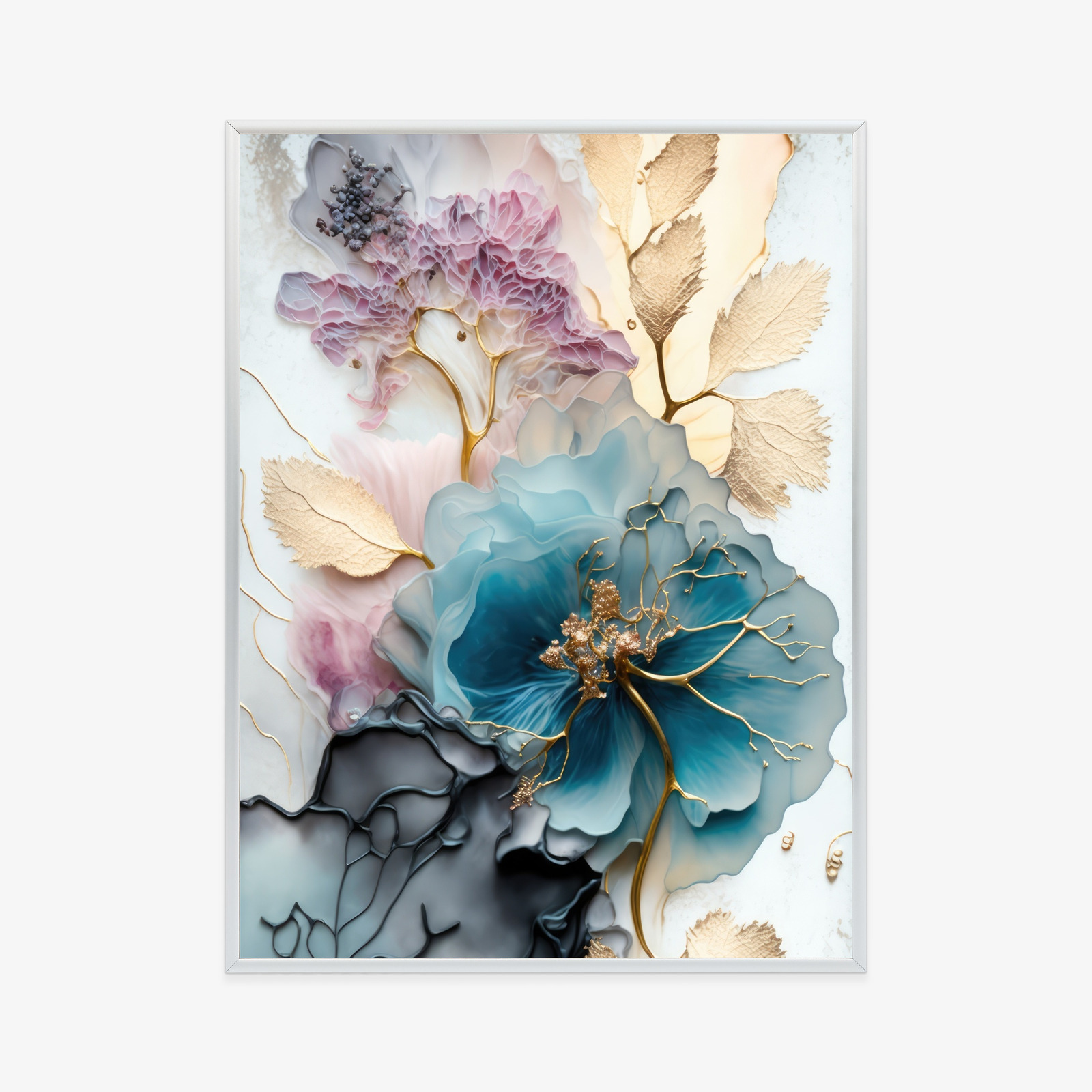 Poster Abstraktion Der Goldenen Blätter Der Blauen Blume Rahmen Holz Mit Passepartout Farbe Natürlich – Bild 10