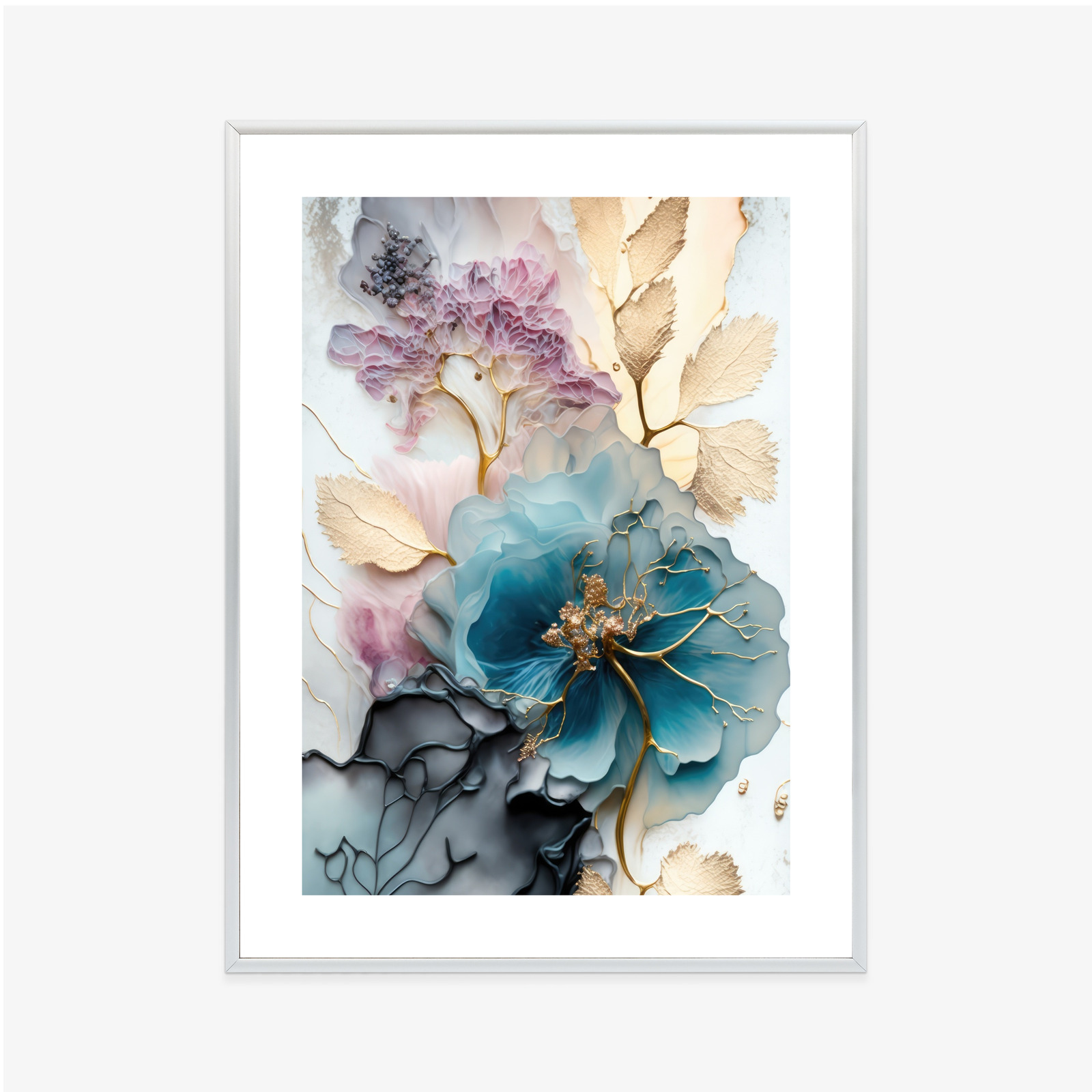 Poster Abstraktion Der Goldenen Blätter Der Blauen Blume Rahmen Holz Mit Passepartout Farbe Natürlich – Bild 8