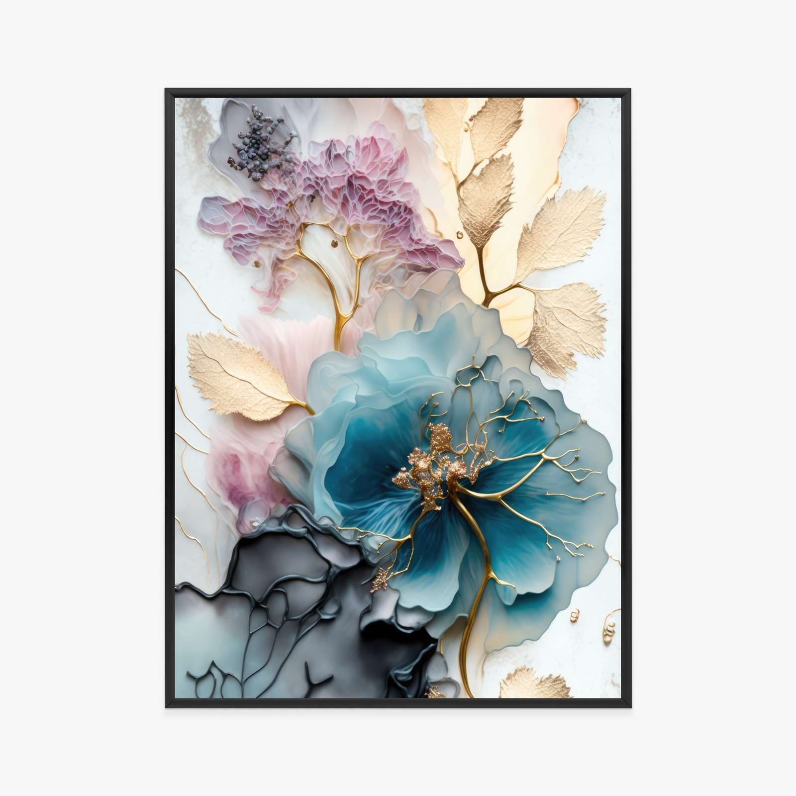 Poster Abstraktion Der Goldenen Blätter Der Blauen Blume Rahmen Holz Mit Passepartout Farbe Natürlich – Bild 11