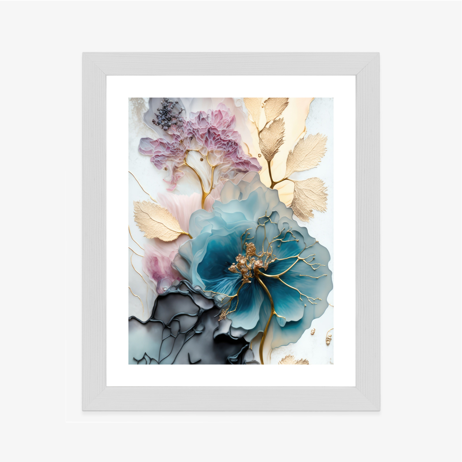 Poster Abstraktion Der Goldenen Blätter Der Blauen Blume Rahmen Holz Mit Passepartout Farbe Natürlich – Bild 5