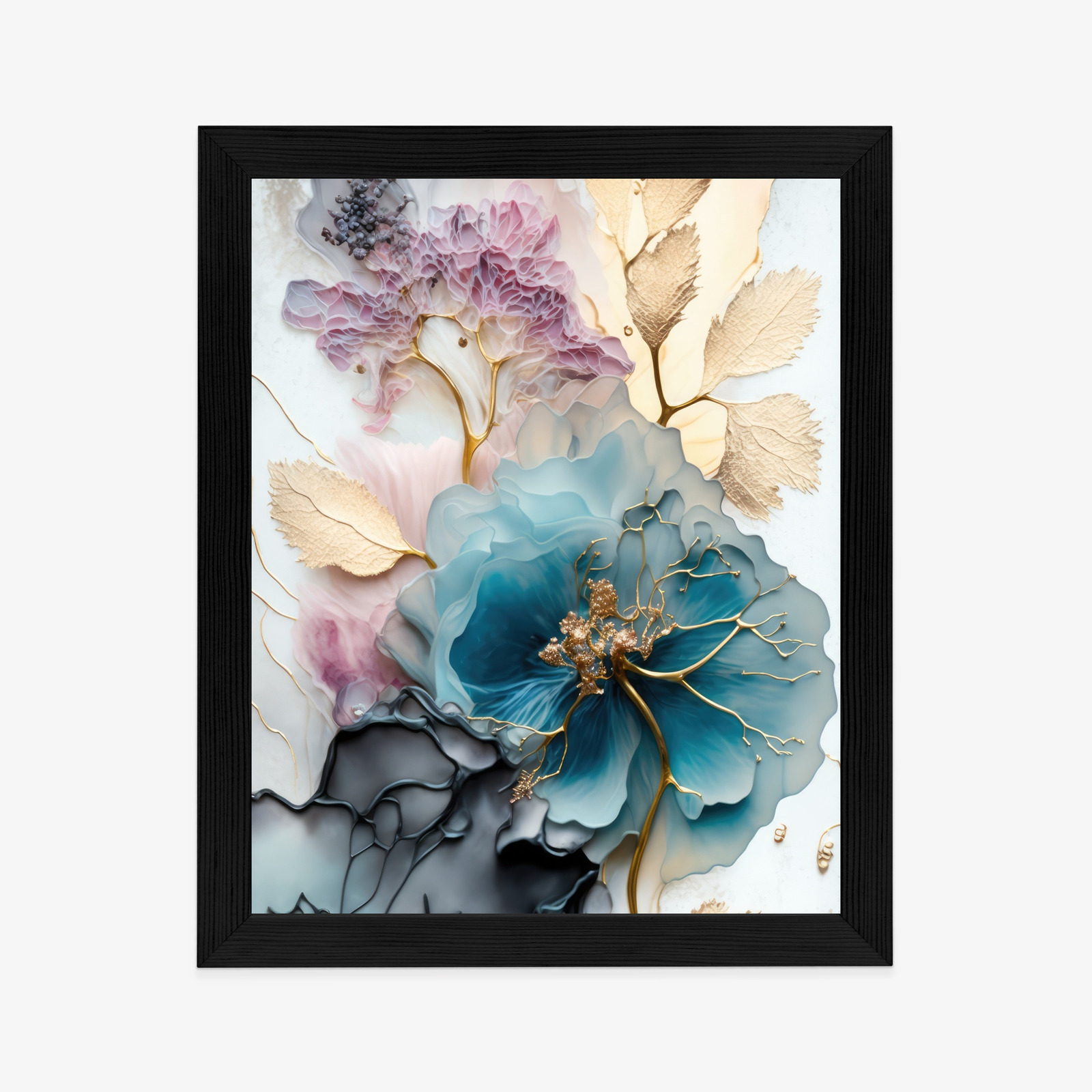 Poster Abstraktion Der Goldenen Blätter Der Blauen Blume Rahmen Holz Mit Passepartout Farbe Natürlich – Bild 6