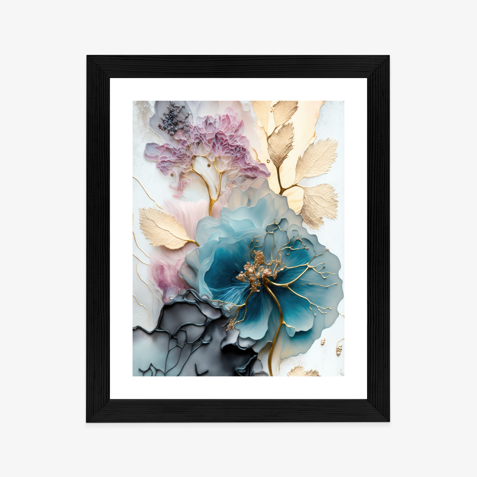 Poster Abstraktion Der Goldenen Blätter Der Blauen Blume Rahmen Holz Mit Passepartout Farbe Natürlich – Bild 4