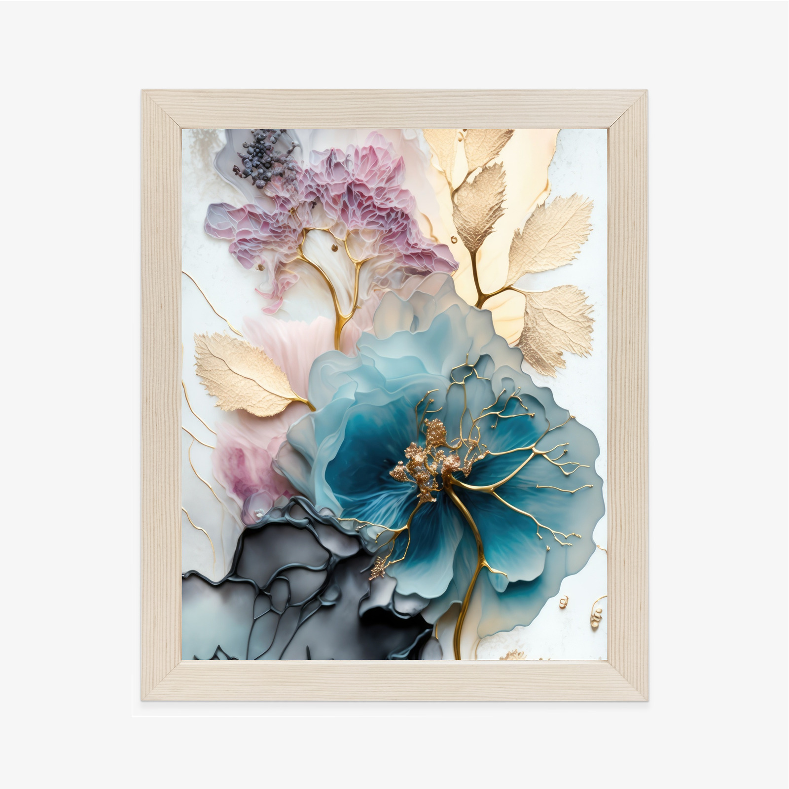 Poster Abstraktion Der Goldenen Blätter Der Blauen Blume Rahmen Holz Mit Passepartout Farbe Natürlich – Bild 2