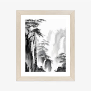 Poster Berglandschaft Mit Wasserfall Und Hohen Bambusbäumen Rahmen Holz Mit Passepartout Farbe Natürlich