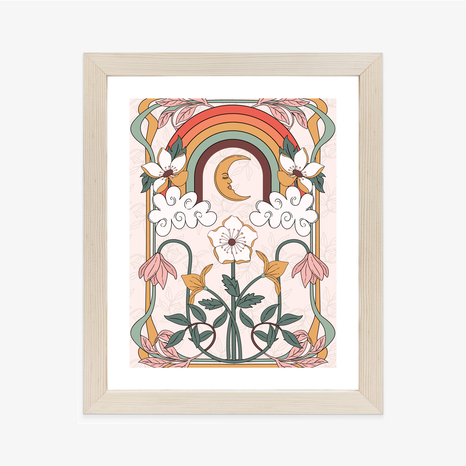 Poster Abstrakte Und Moderne Grafiken Mit Ornamenten Und Pflanzen Rahmen Holz Mit Passepartout Farbe Natürlich