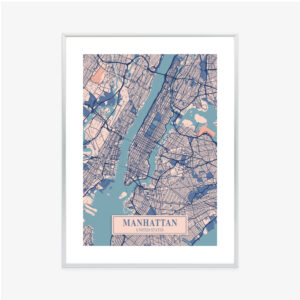 Poster Karte Von Manhattan New York Im Vintage-Stil Rahmen Aluminium Mit Passepartout Farbe Silber
