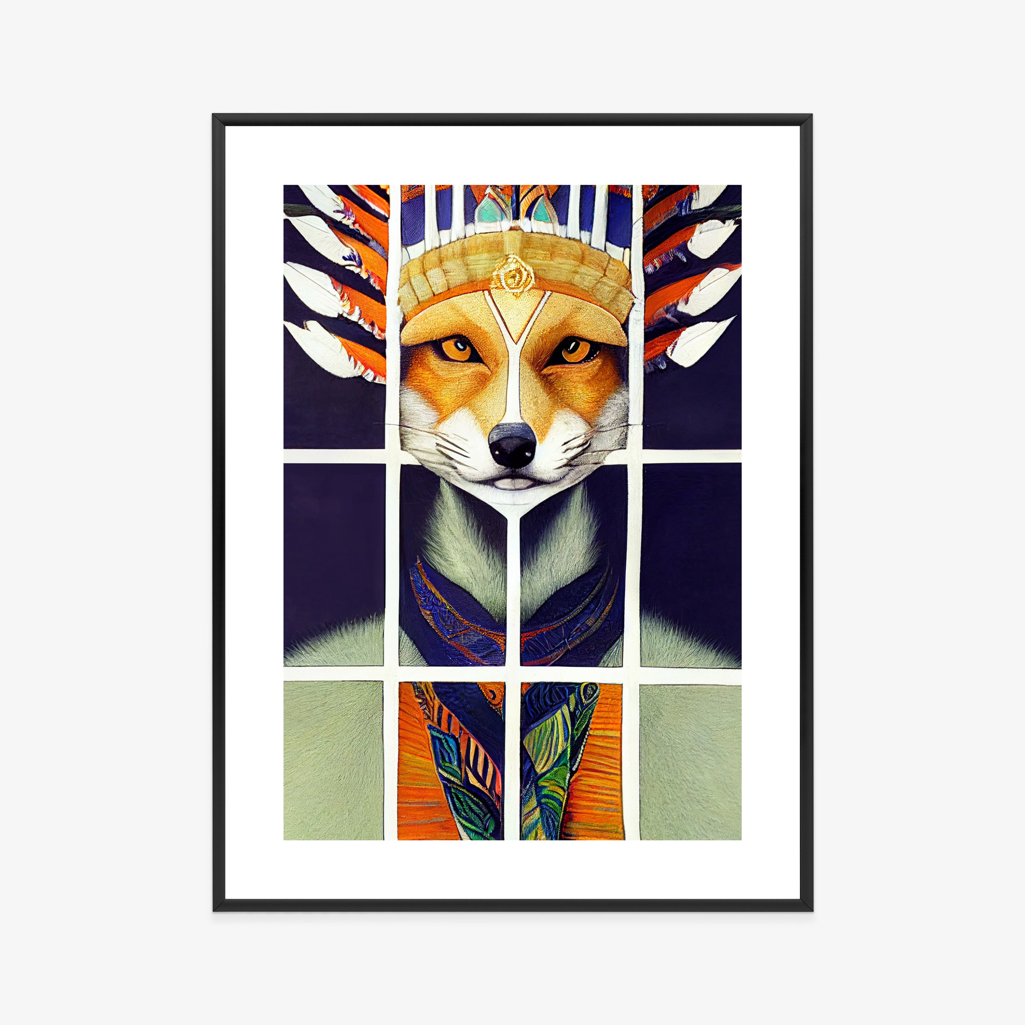 Poster Red Tribal Fox Portrait. Vintage Hand Drawn For T-Shirt, Poster, Clothes. Rahmen Holz Mit Passepartout Farbe Natürlich – Bild 9