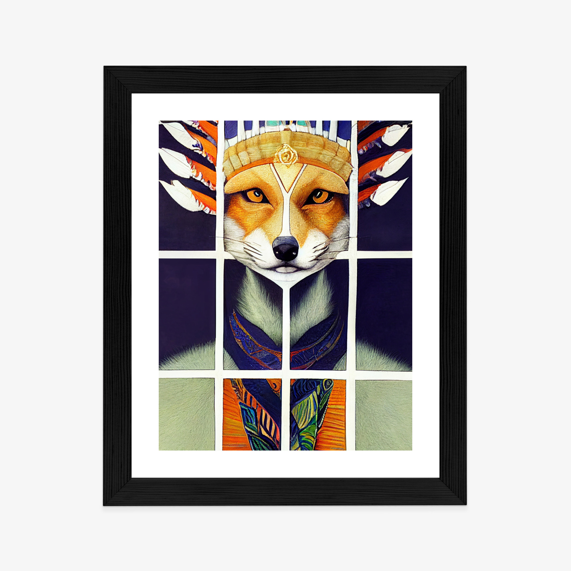 Poster Red Tribal Fox Portrait. Vintage Hand Drawn For T-Shirt, Poster, Clothes. Rahmen Holz Mit Passepartout Farbe Natürlich – Bild 4