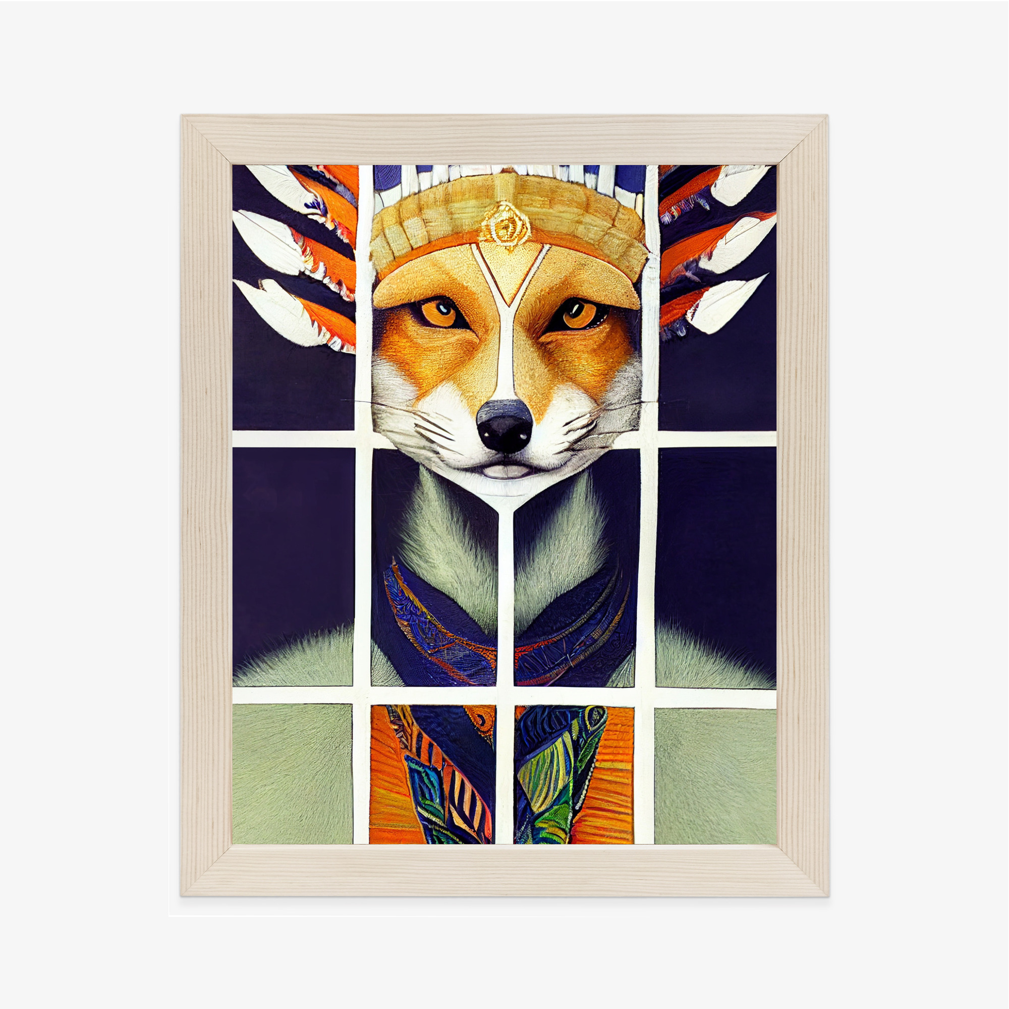 Poster Red Tribal Fox Portrait. Vintage Hand Drawn For T-Shirt, Poster, Clothes. Rahmen Holz Mit Passepartout Farbe Natürlich – Bild 2