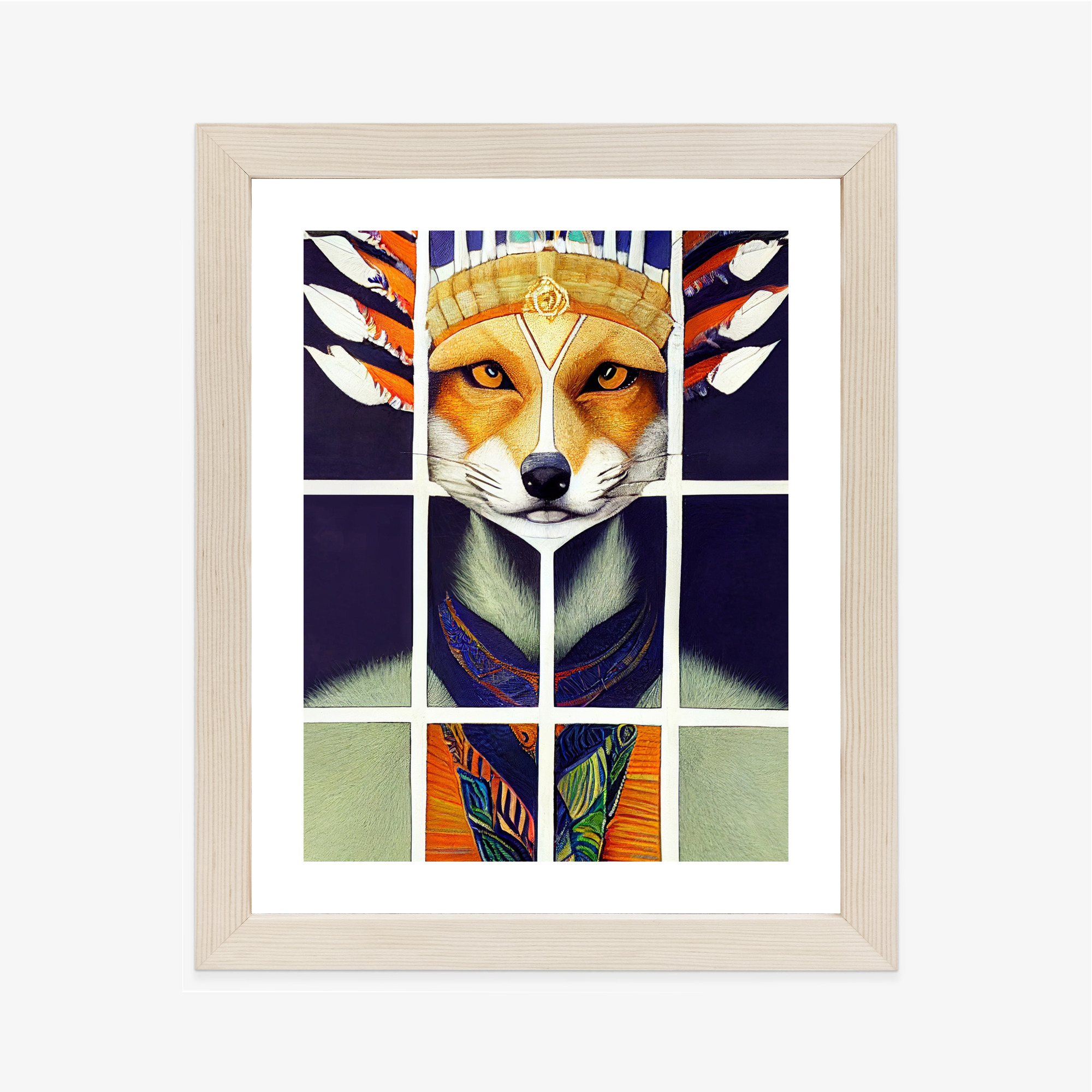 Poster Red Tribal Fox Portrait. Vintage Hand Drawn For T-Shirt, Poster, Clothes. Rahmen Holz Mit Passepartout Farbe Natürlich