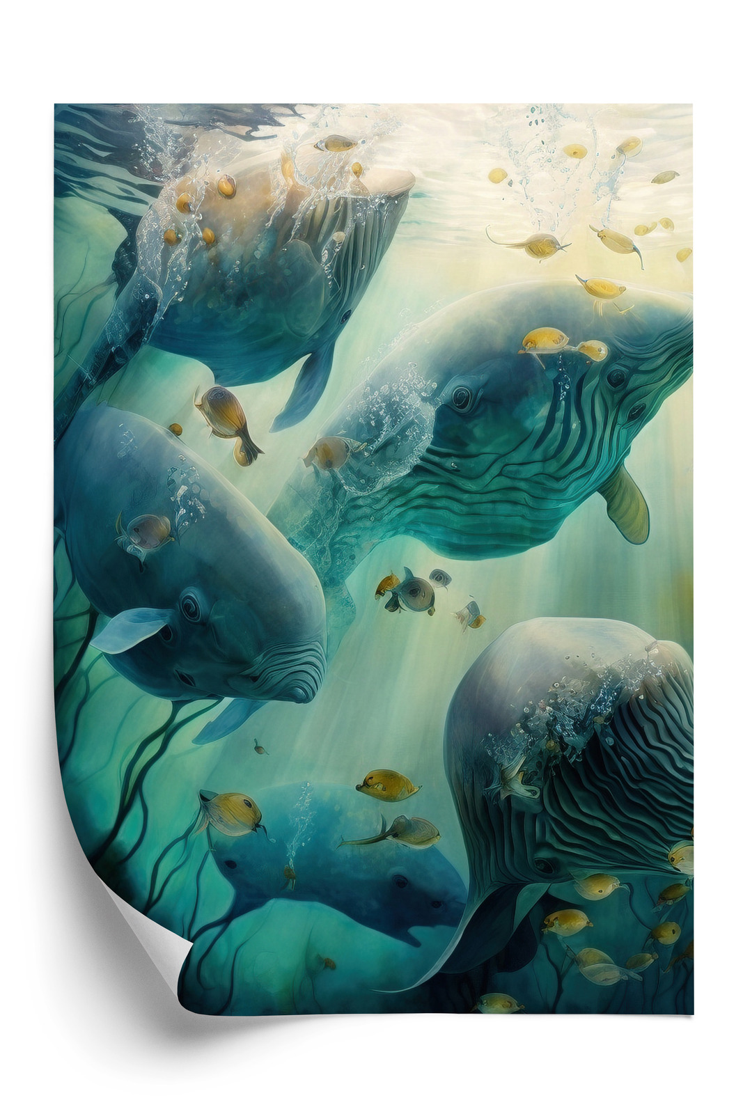 Poster Wale In Der Meerestiefen-Aquarelllandschaft Rahmen Hölzern Farbe Natürlich – Bild 2