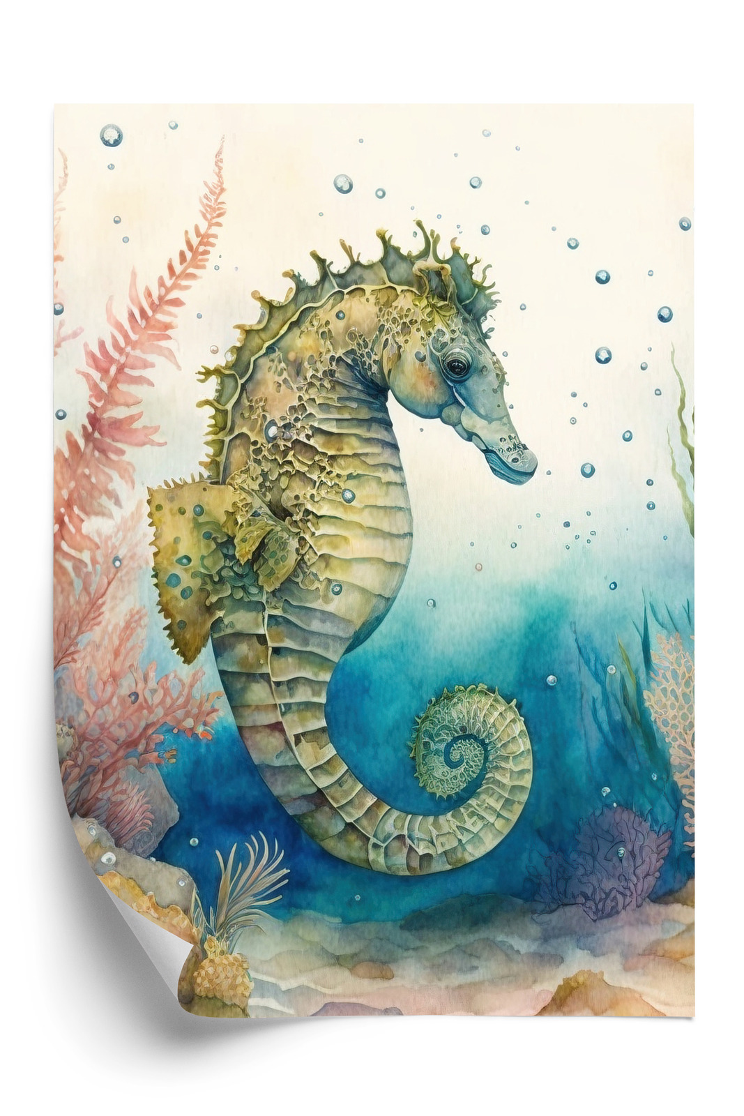 Poster Aquarellpflanzen Und Seepferdchen Rahmen Holz Mit Passepartout Farbe Natürlich – Bild 3