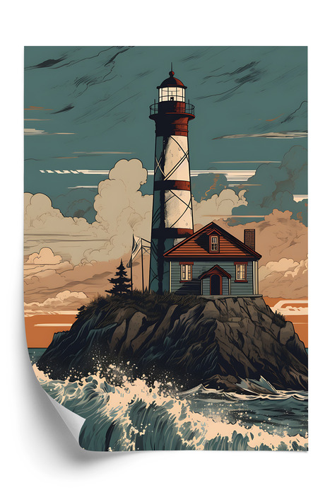 Poster Leuchtturm Und Raue Wellen Rahmen Holz Mit Passepartout Farbe Natürlich – Bild 3