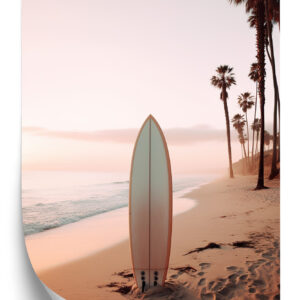 Poster Surfbrett Am Strand Bei Sonnenaufgang