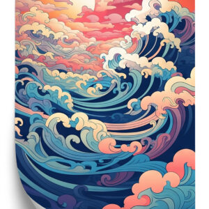 Poster Abstrakte Landschaft Mit Meereswellen Und Sonnenuntergang