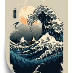 Poster Abstrakte Landschaft Mit Einer Welle Im Japanischen Stil