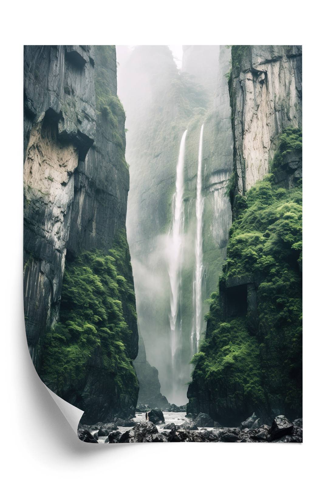 Poster Chinesische Naturlandschaft Mit Wasserfall Rahmen Holz Mit Passepartout Farbe Natürlich – Bild 3