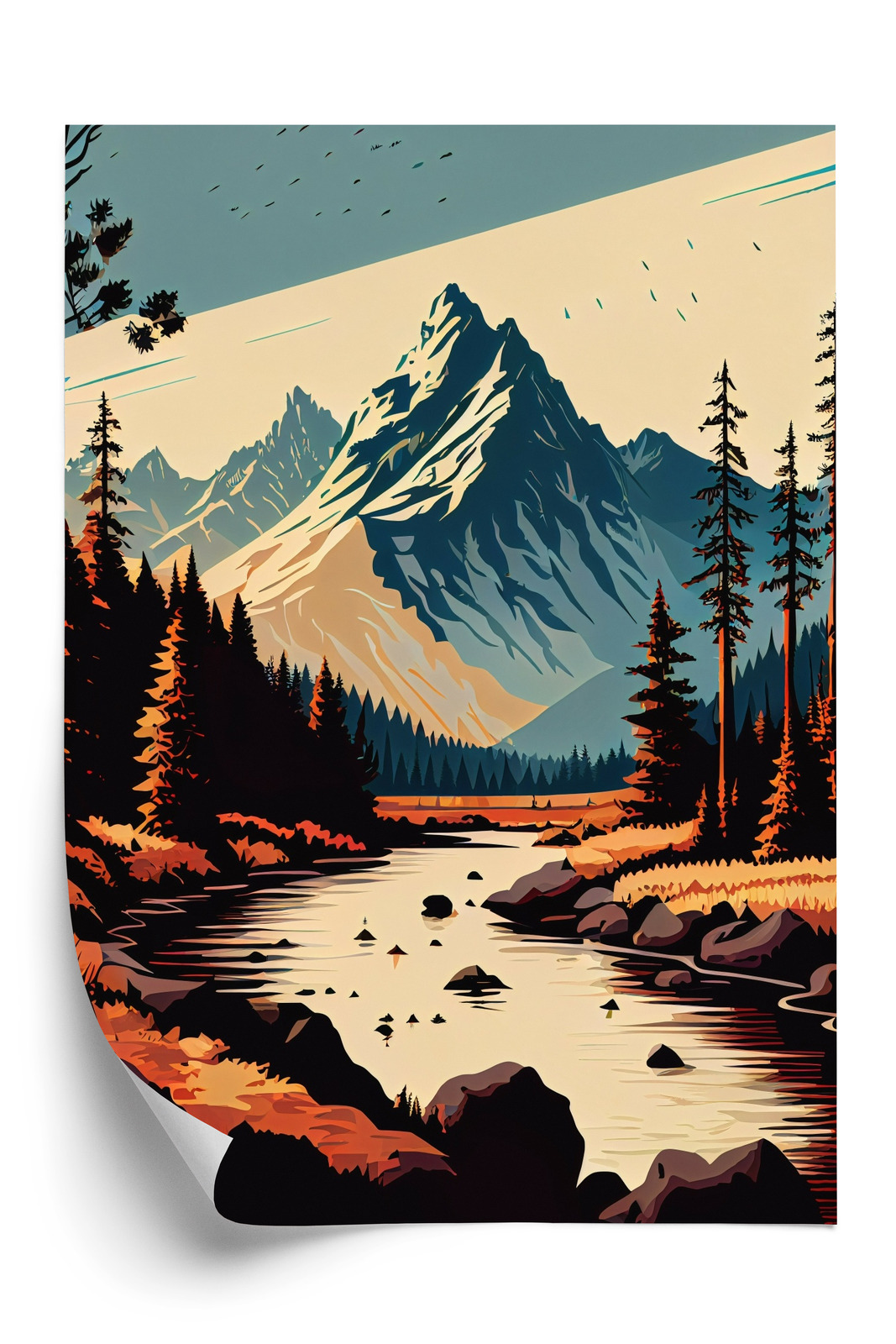 Poster Abstrakte Bergflusslandschaft Rahmen Hölzern Farbe Weiß – Bild 4