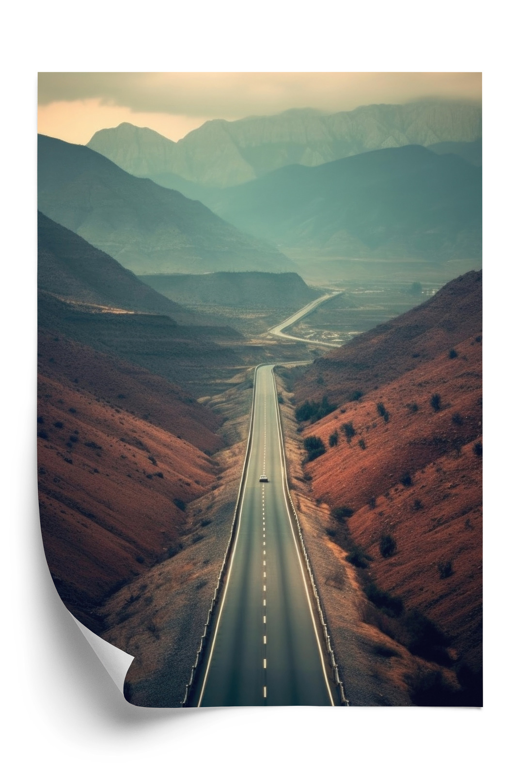 Poster Auto Auf Der Straße Zwischen Den Bergen Rahmen Hölzern Farbe Natürlich – Bild 2