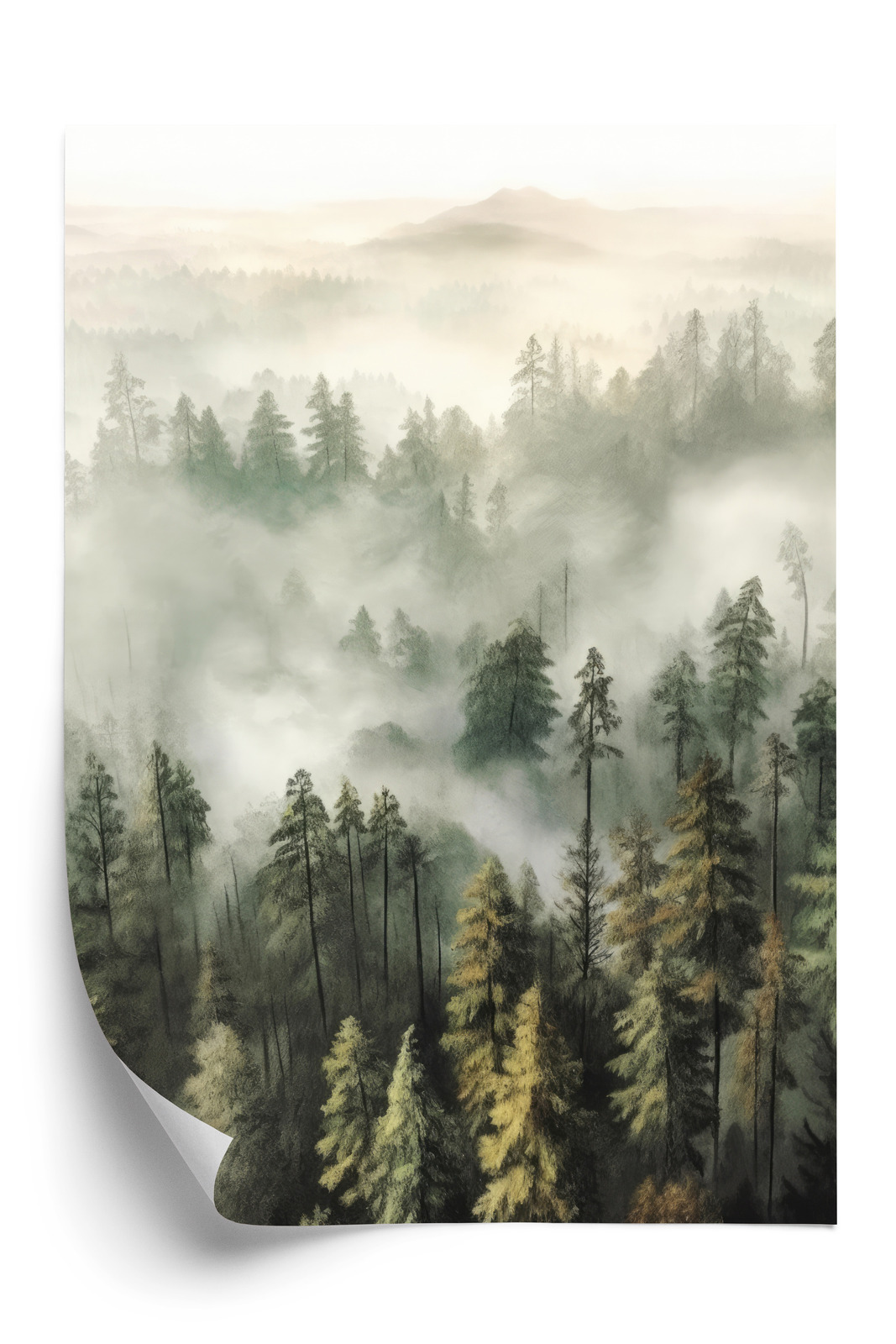 Poster Bergwald Im Nebel-Aquarell Rahmen Holz Mit Passepartout Farbe Natürlich – Bild 3