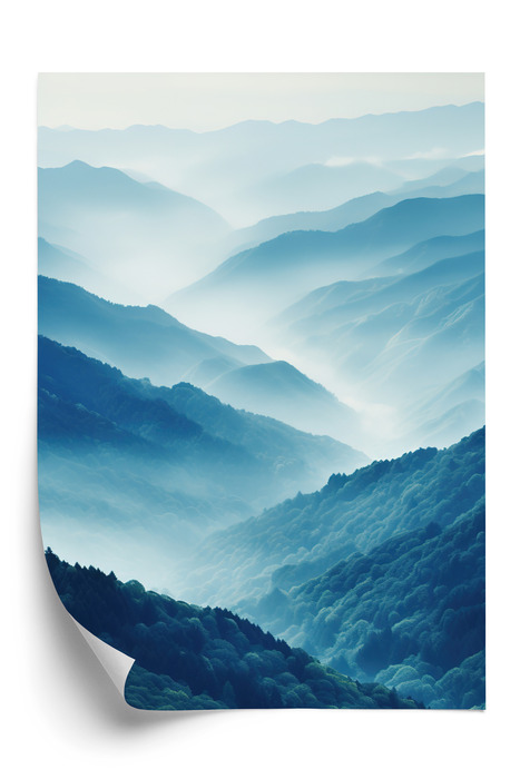 Poster Berglandschaft Mit Wald Im Nebel Rahmen Holz Mit Passepartout Farbe Natürlich – Bild 3