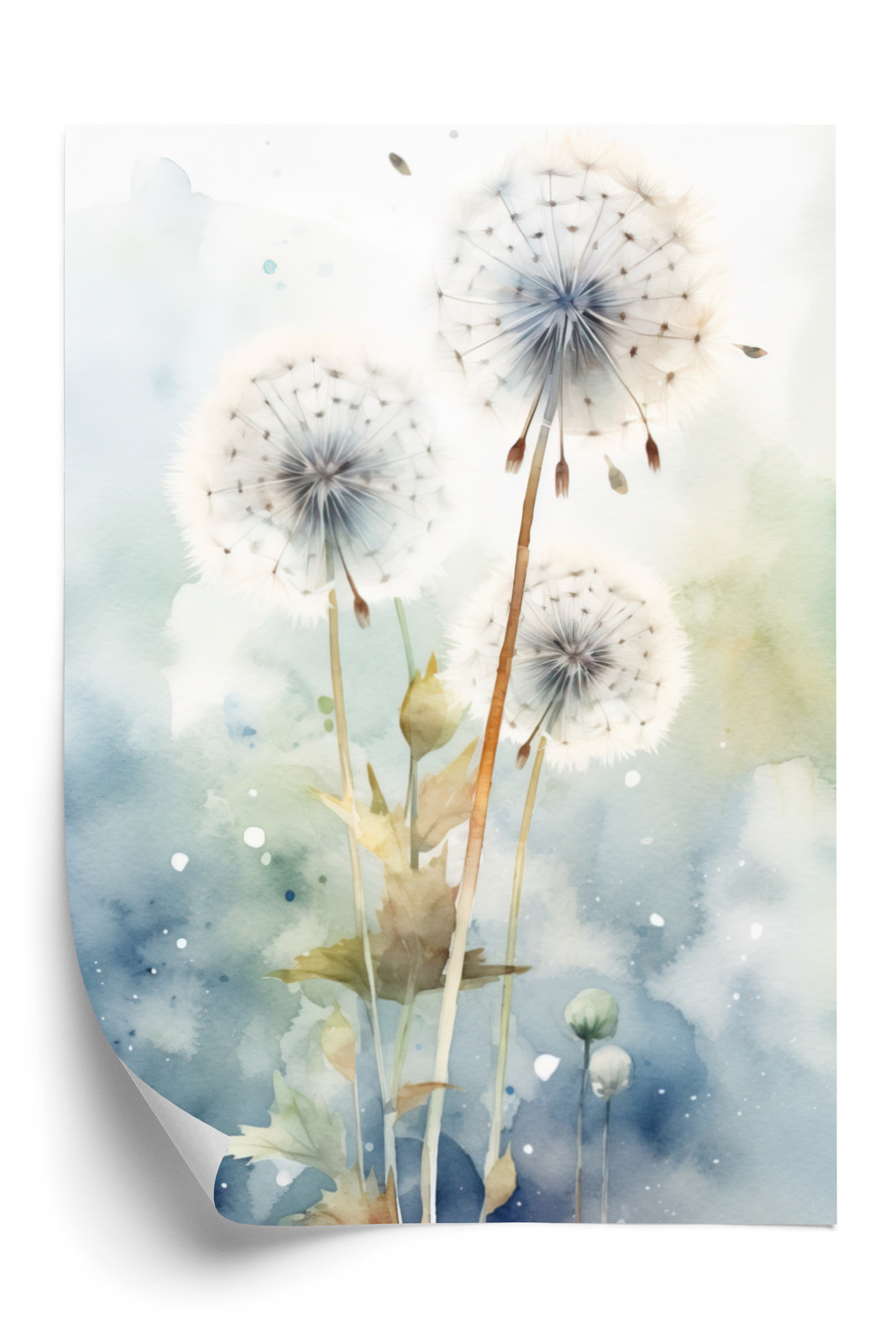 Poster Drei Löwenzahn Auf Einem Aquarellhintergrund Rahmen Holz Mit Passepartout Farbe Natürlich – Bild 2