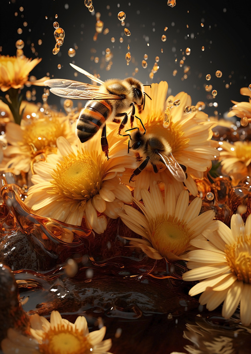 Poster Eine Biene Sitzt Auf Gelben Blumen Rahmen Aluminium Farbe Schwarz – Bild 4