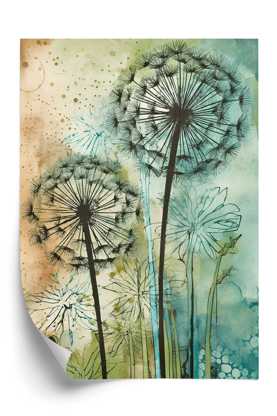 Poster Abstrakter Löwenzahn Auf Einem Aquarellhintergrund Rahmen Aluminium Farbe Schwarz – Bild 3